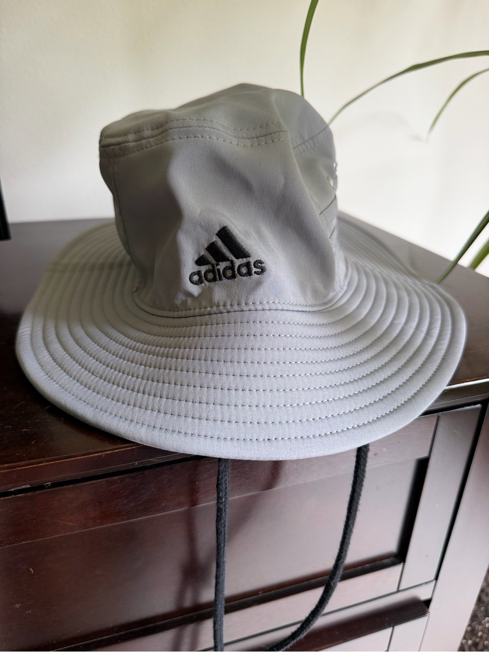 adidas Light Gray Outdoor Bucket Hat with Black Logo and Chin Strap